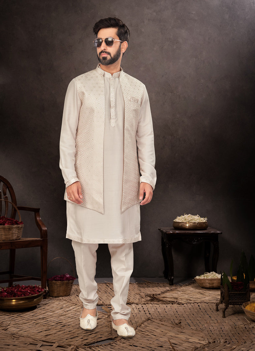 Beige Mens Kurta Pajama Set With Jacket