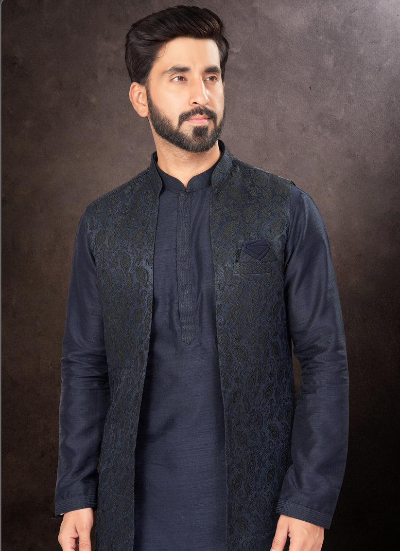 Navy Blue Mens Kurta Pajama Set With Jacket