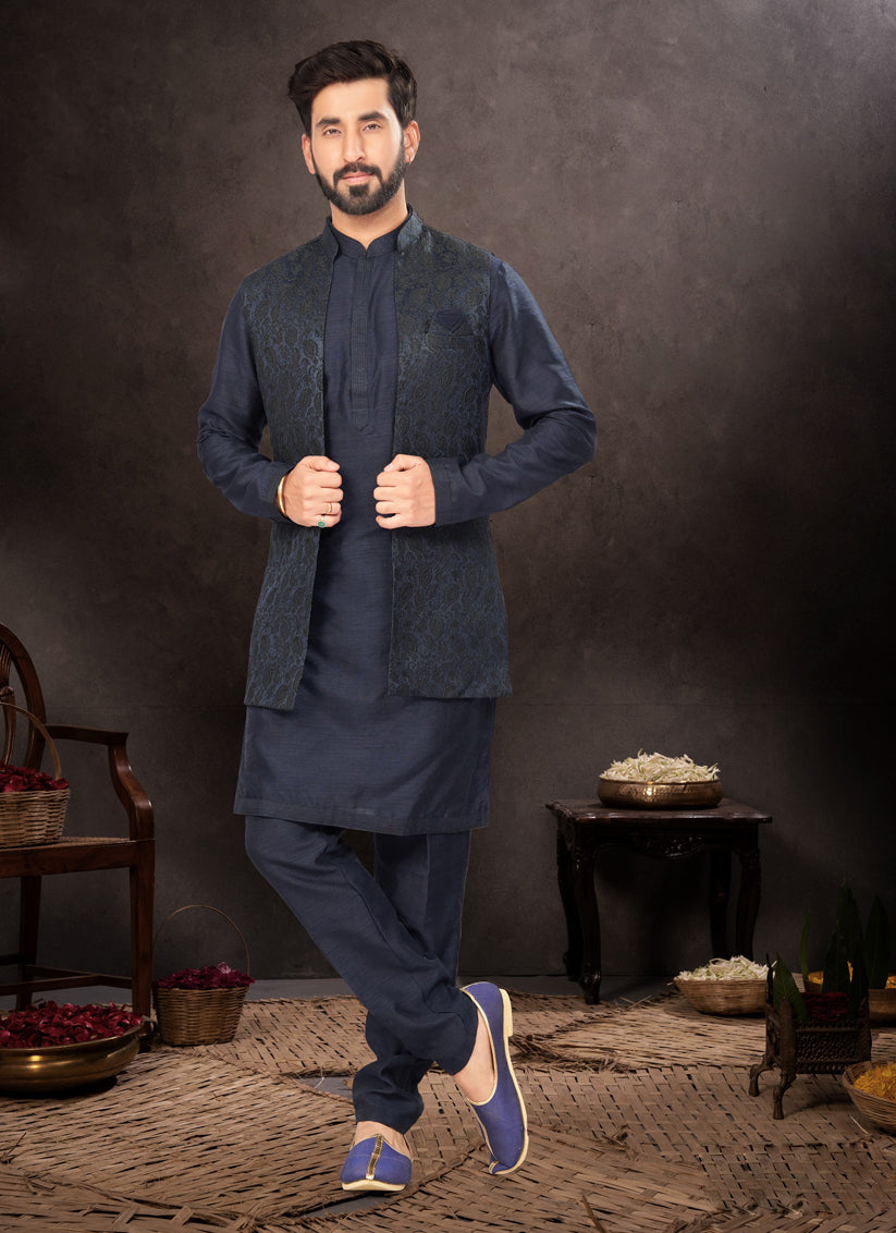 Navy Blue Mens Kurta Pajama Set With Jacket