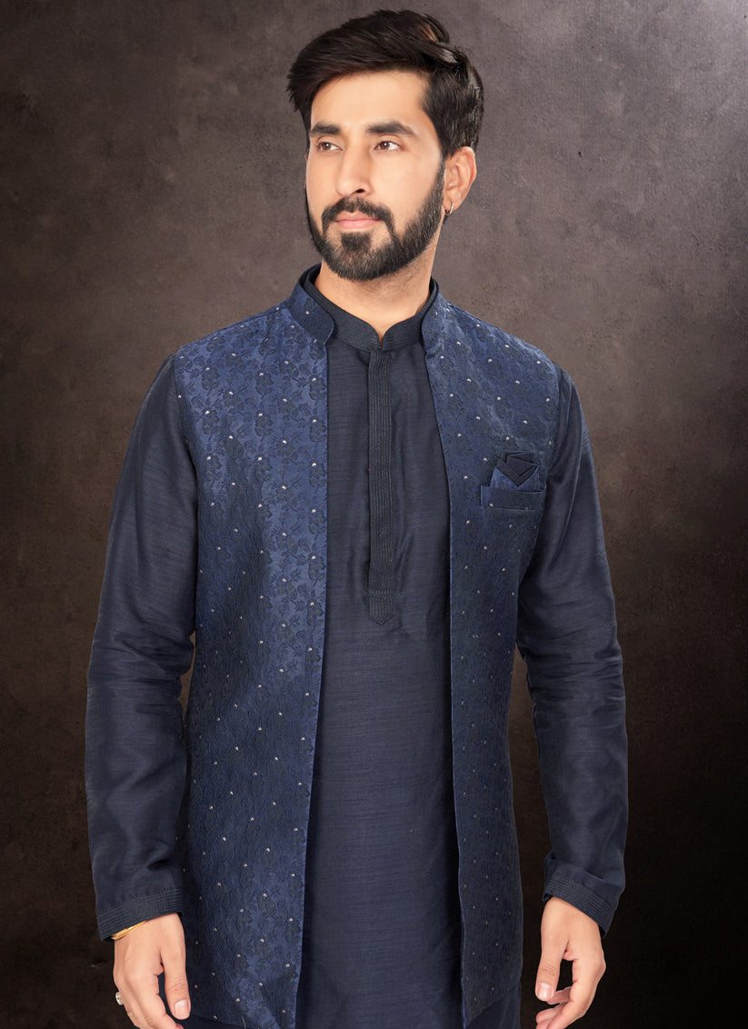 Navy Blue Mens Kurta Pajama Set With Jacket