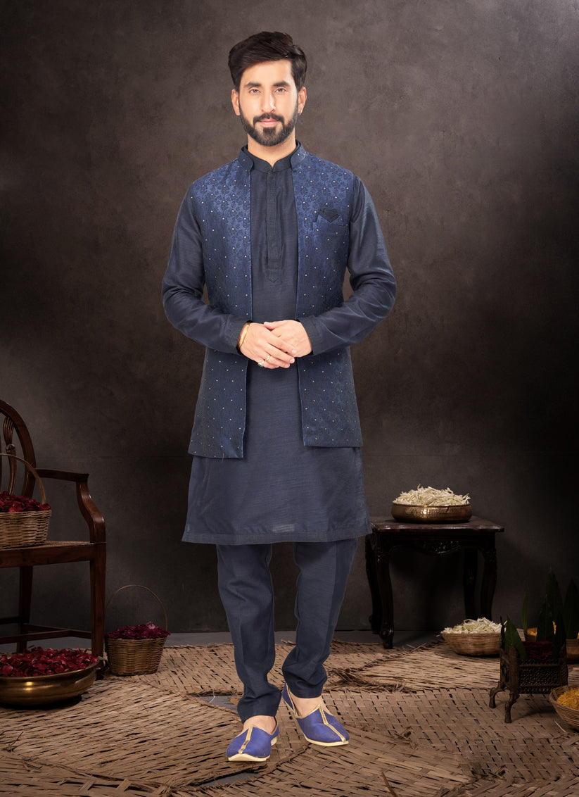 Navy Blue Mens Kurta Pajama Set With Jacket