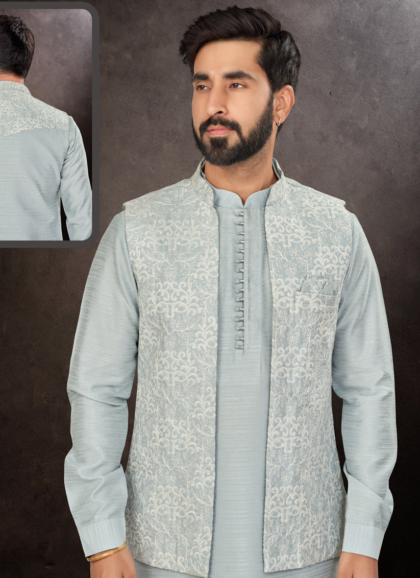 Light Grey Mens Kurta Pajama Set With Jacket