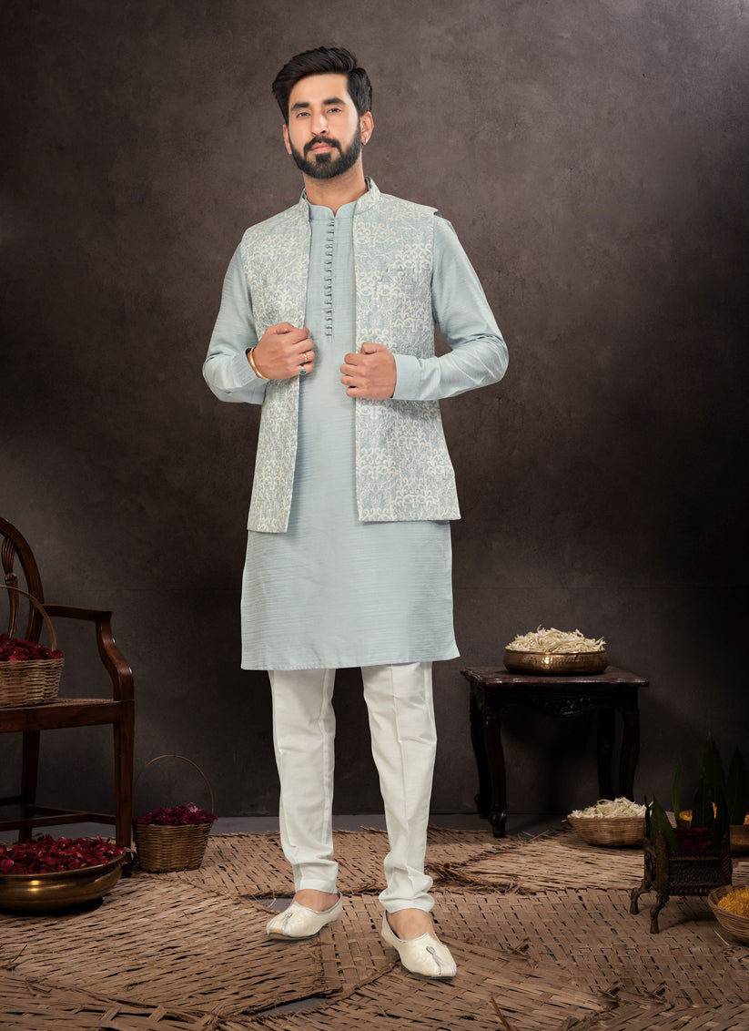 Light Grey Mens Kurta Pajama Set With Jacket