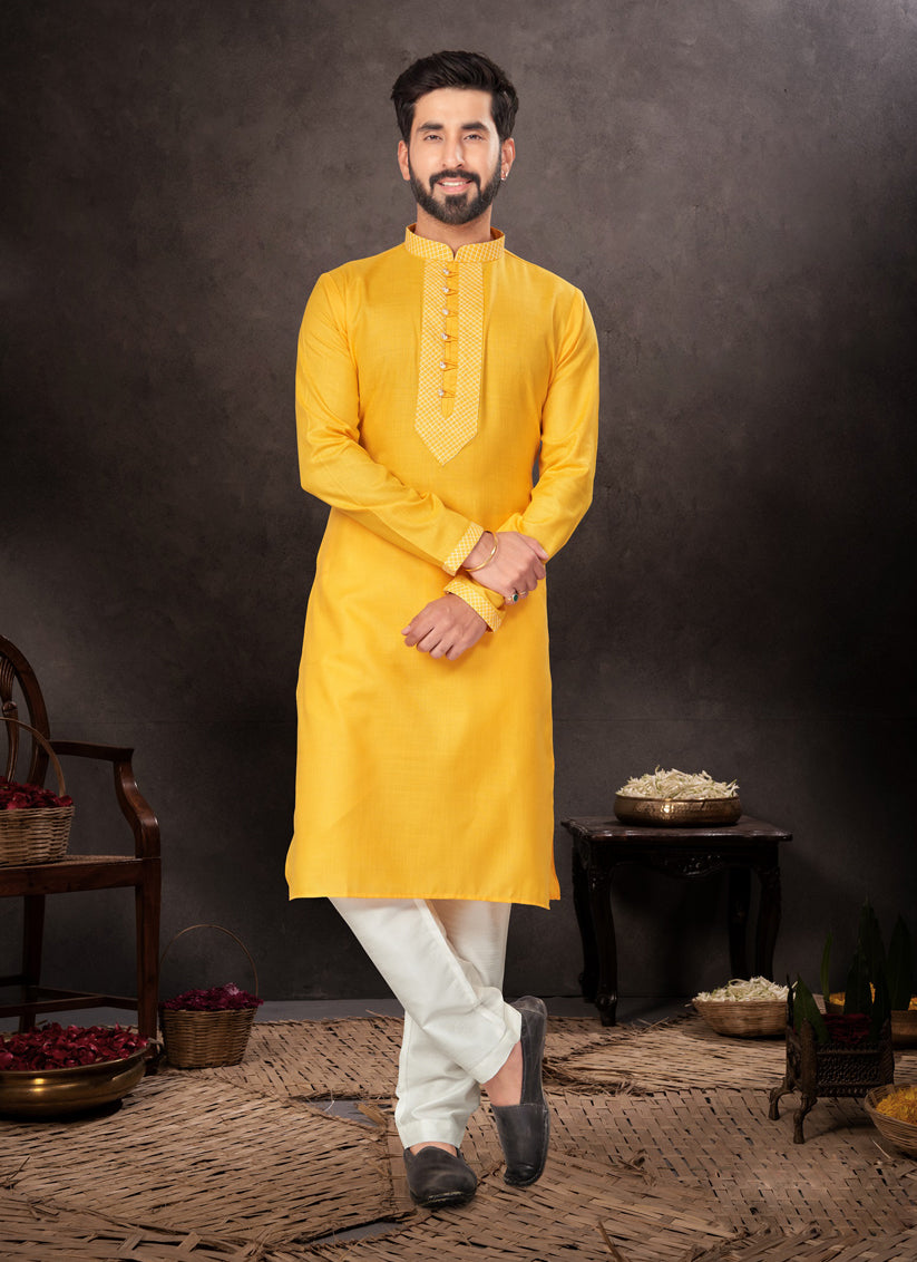 Yellow Mens Kurta Pajama Set