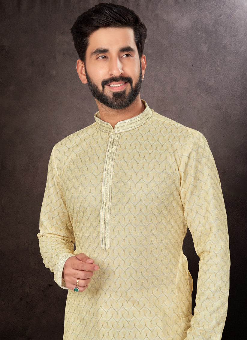 Light Yellow Mens Kurta Pajama Set