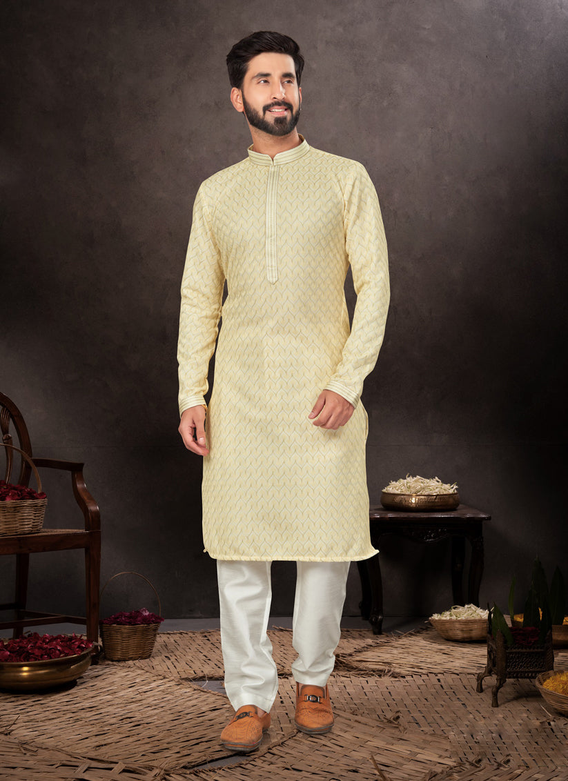 Light Yellow Mens Kurta Pajama Set