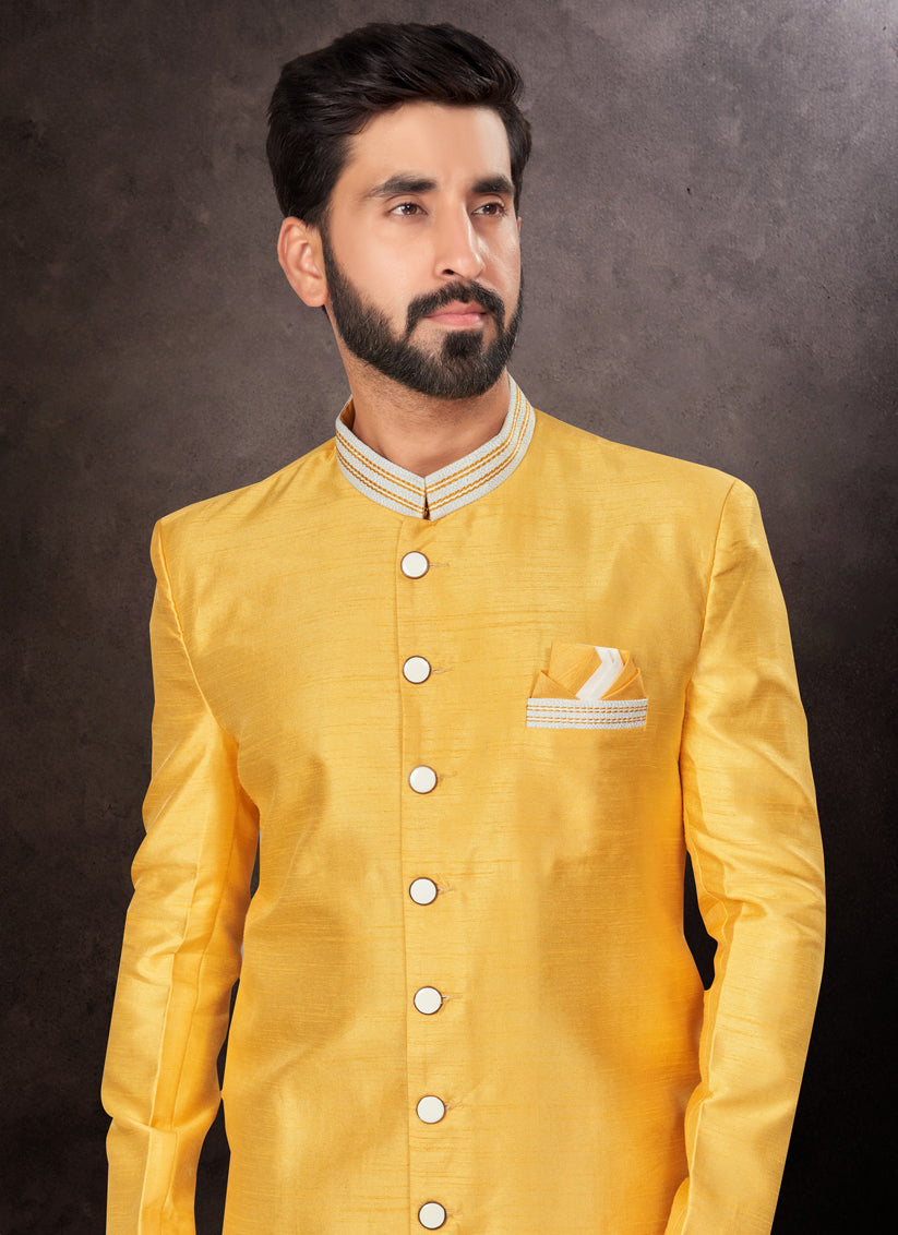 Golden Yellow Mens Designer Indo Western