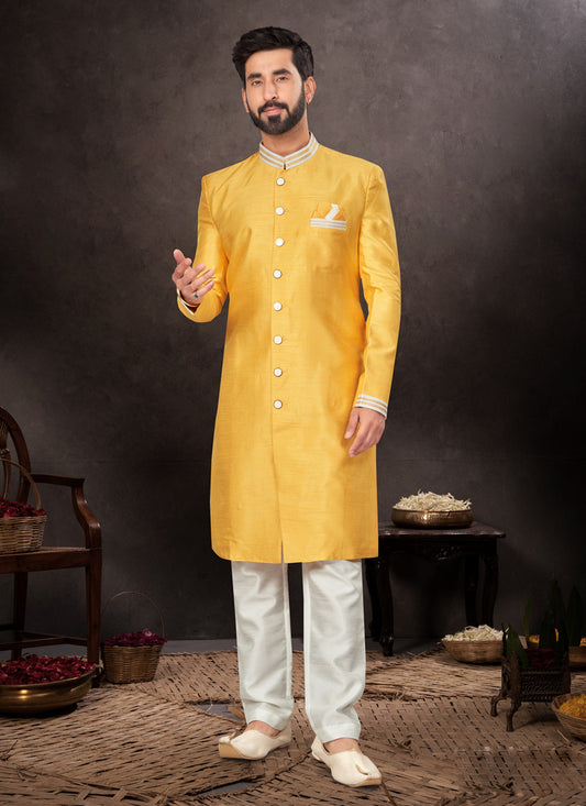 Golden Yellow Mens Designer Indo Western