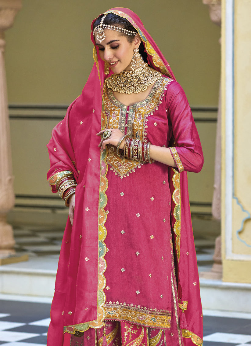 Melon Pink Chinnon Embroidered Readymade Palazzo Kameez