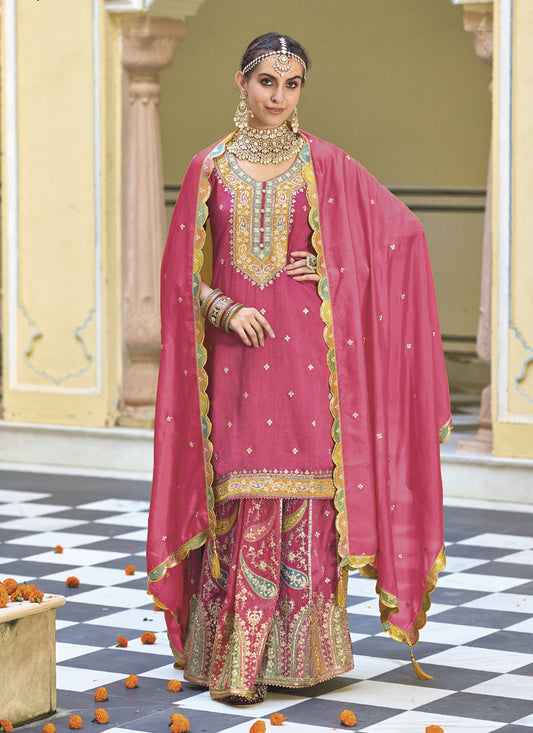 Melon Pink Chinnon Embroidered Readymade Palazzo Kameez