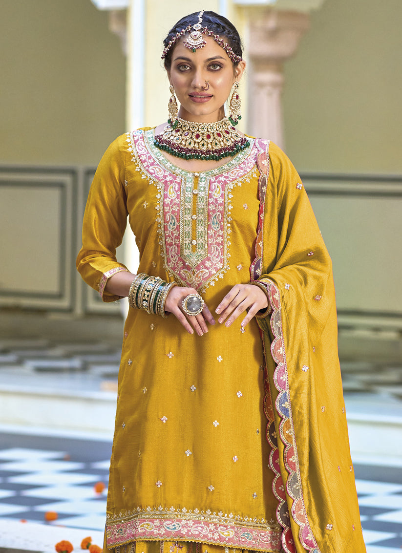 Mustard Chinnon Embroidered Readymade Palazzo Kameez