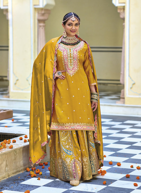 Mustard Chinnon Embroidered Readymade Palazzo Kameez