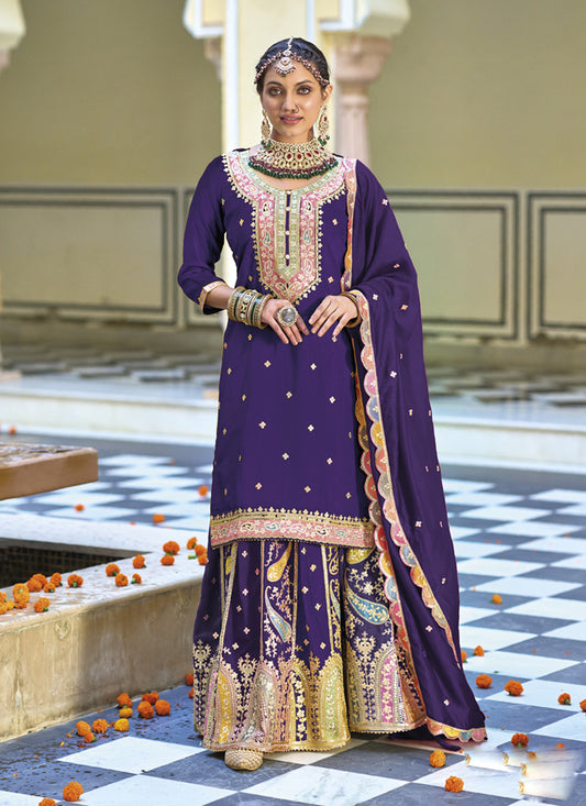 Violet Chinnon Embroidered Readymade Palazzo Kameez