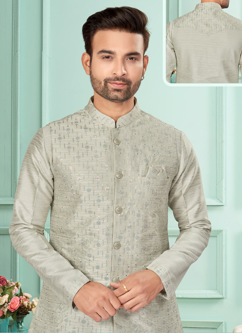 Grey Mens Kurta Pajama Set With Jacket