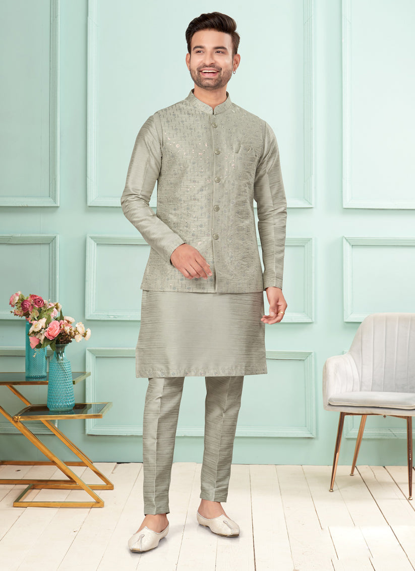 Grey Mens Kurta Pajama Set With Jacket