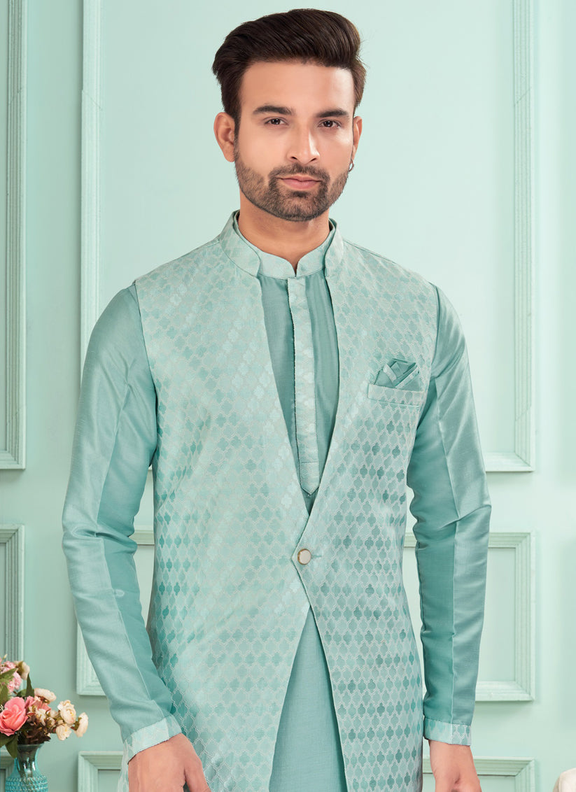 Sea Green Mens Kurta Pajama Set With Jacket