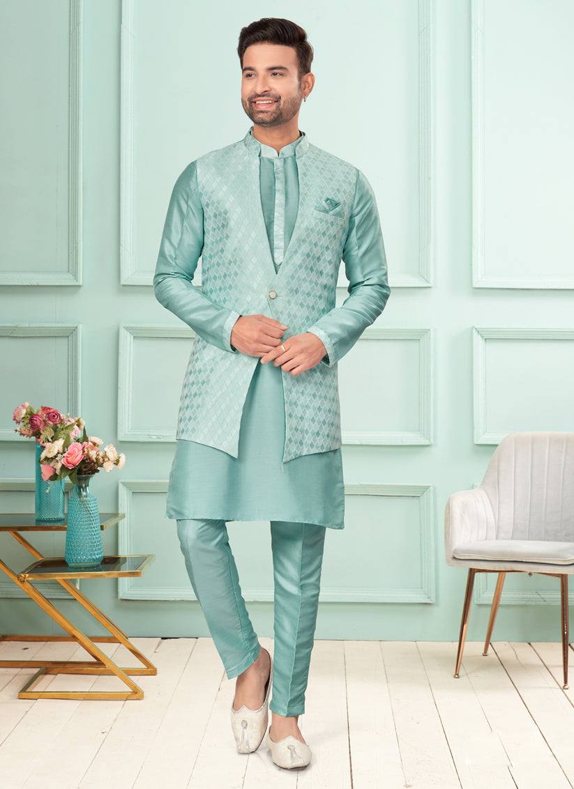 Sea Green Mens Kurta Pajama Set With Jacket