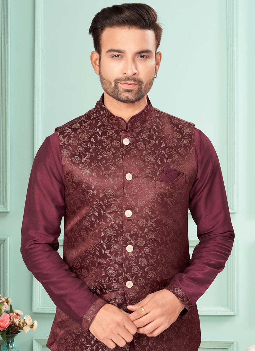 Wine Mens Kurta Pajama Set With Jacket