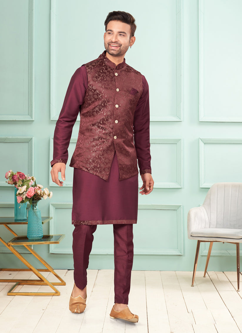 Wine Mens Kurta Pajama Set With Jacket