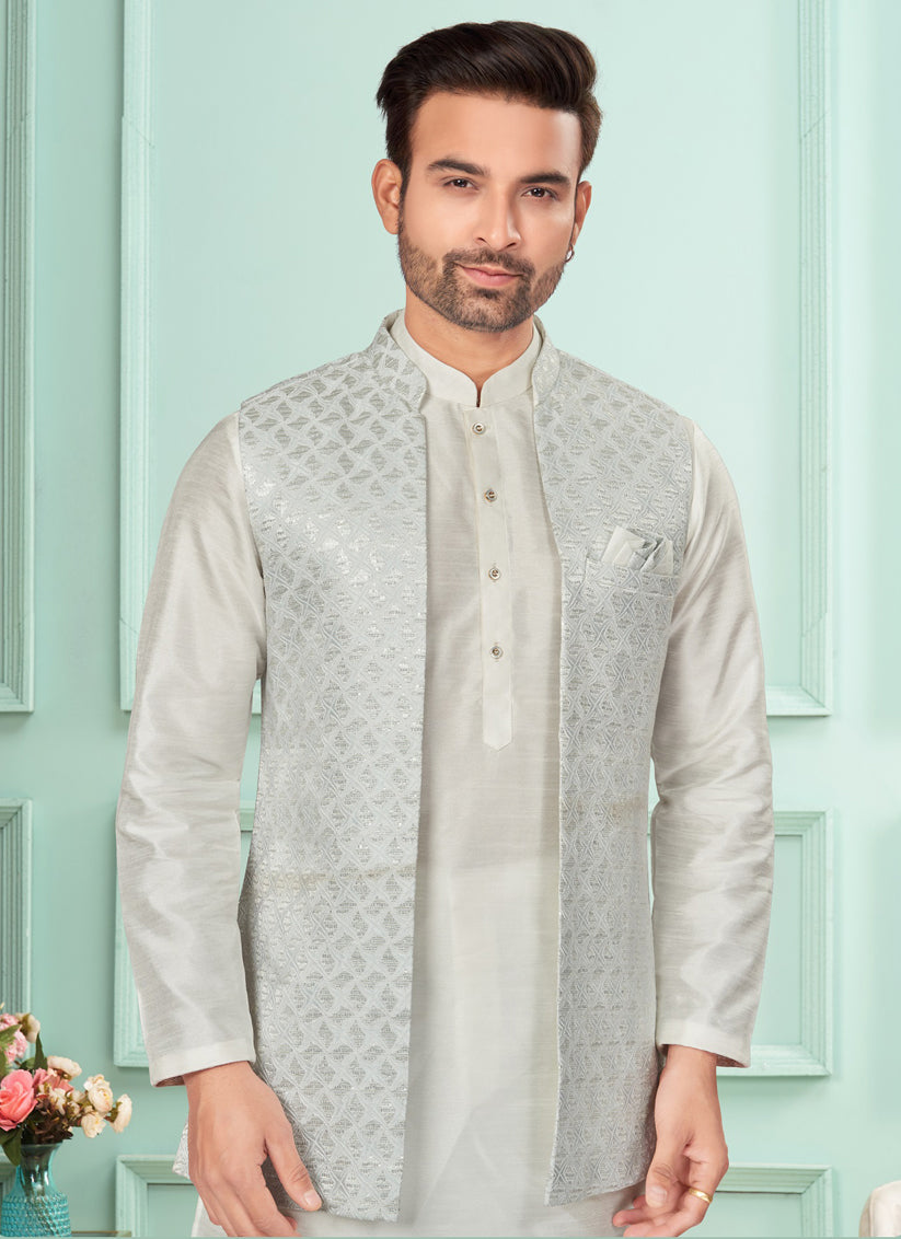 Off White Mens Kurta Pajama Set With Jacket