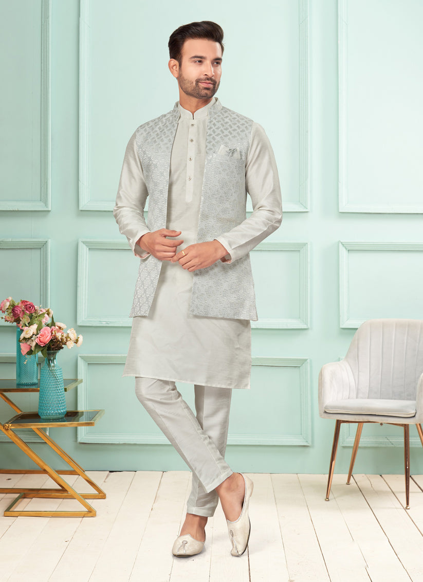 Off White Mens Kurta Pajama Set With Jacket