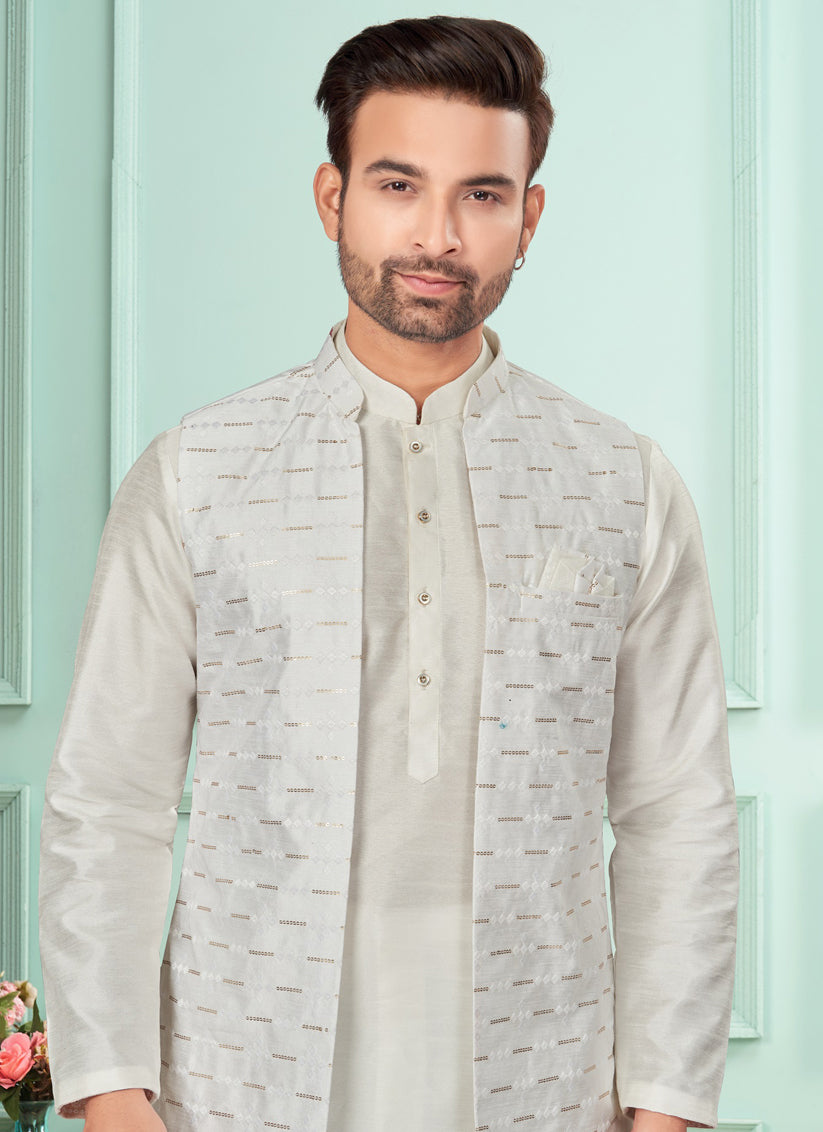 Off White Mens Kurta Pajama Set With Jacket