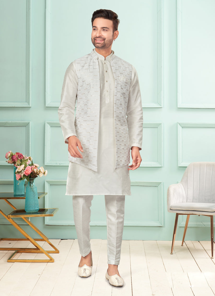 Off White Mens Kurta Pajama Set With Jacket