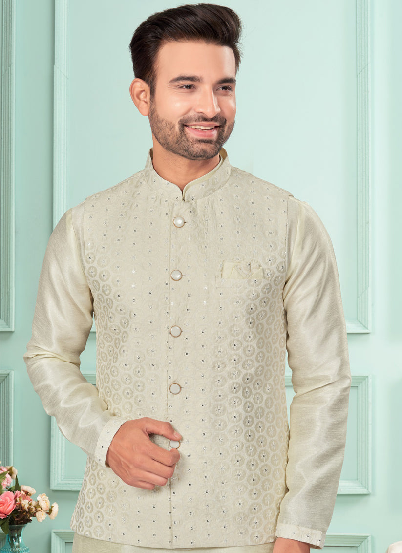 Cream Mens Kurta Pajama Set With Jacket