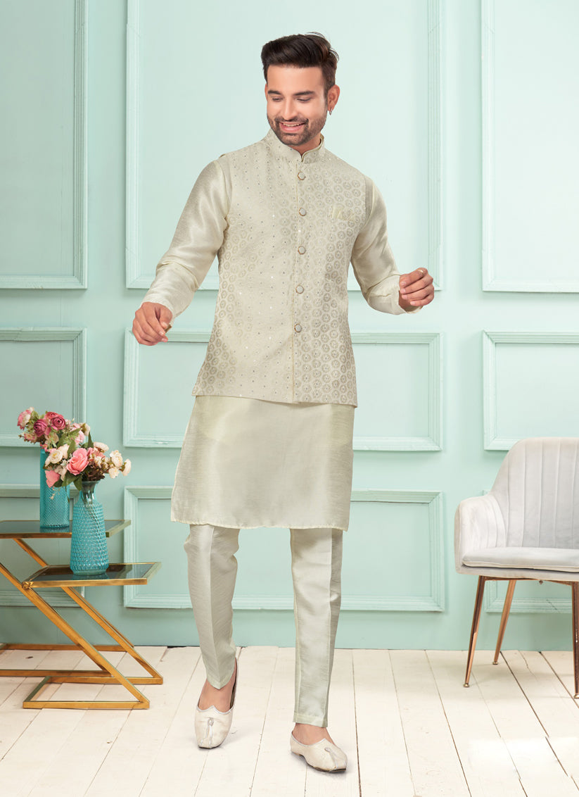 Cream Mens Kurta Pajama Set With Jacket