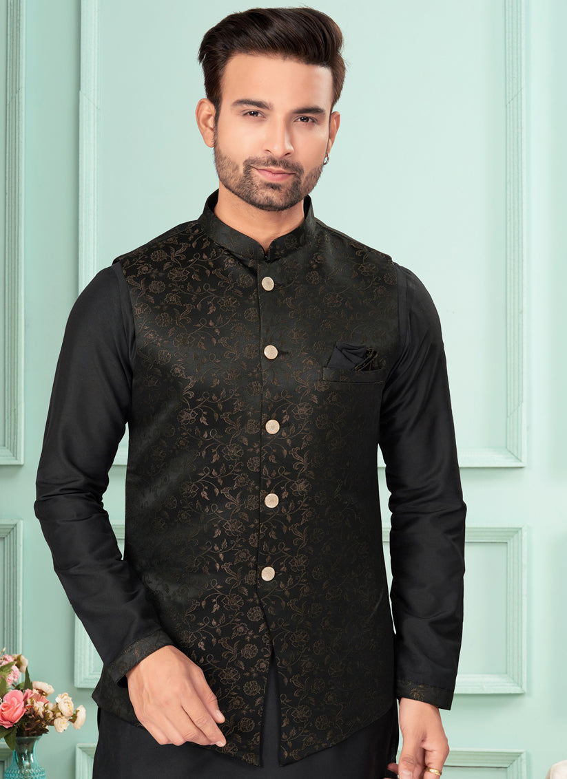 Black Mens Kurta Pajama Set With Jacket