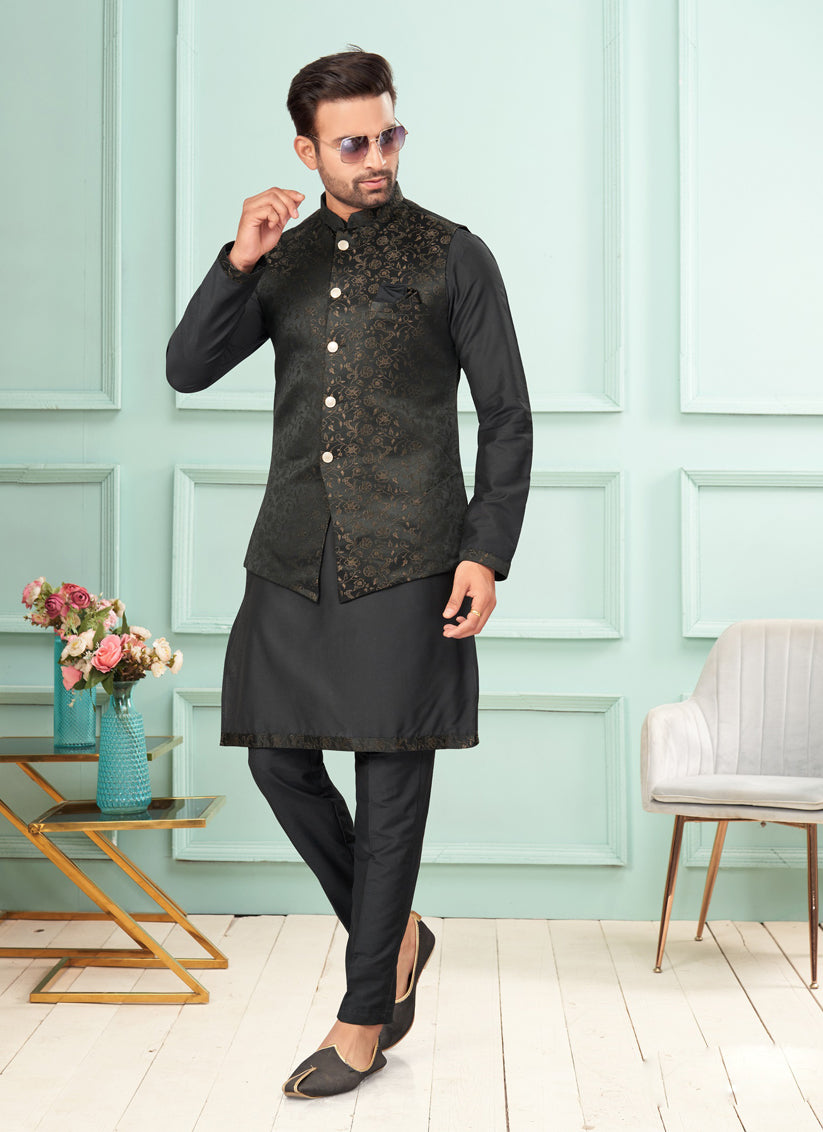 Black Mens Kurta Pajama Set With Jacket