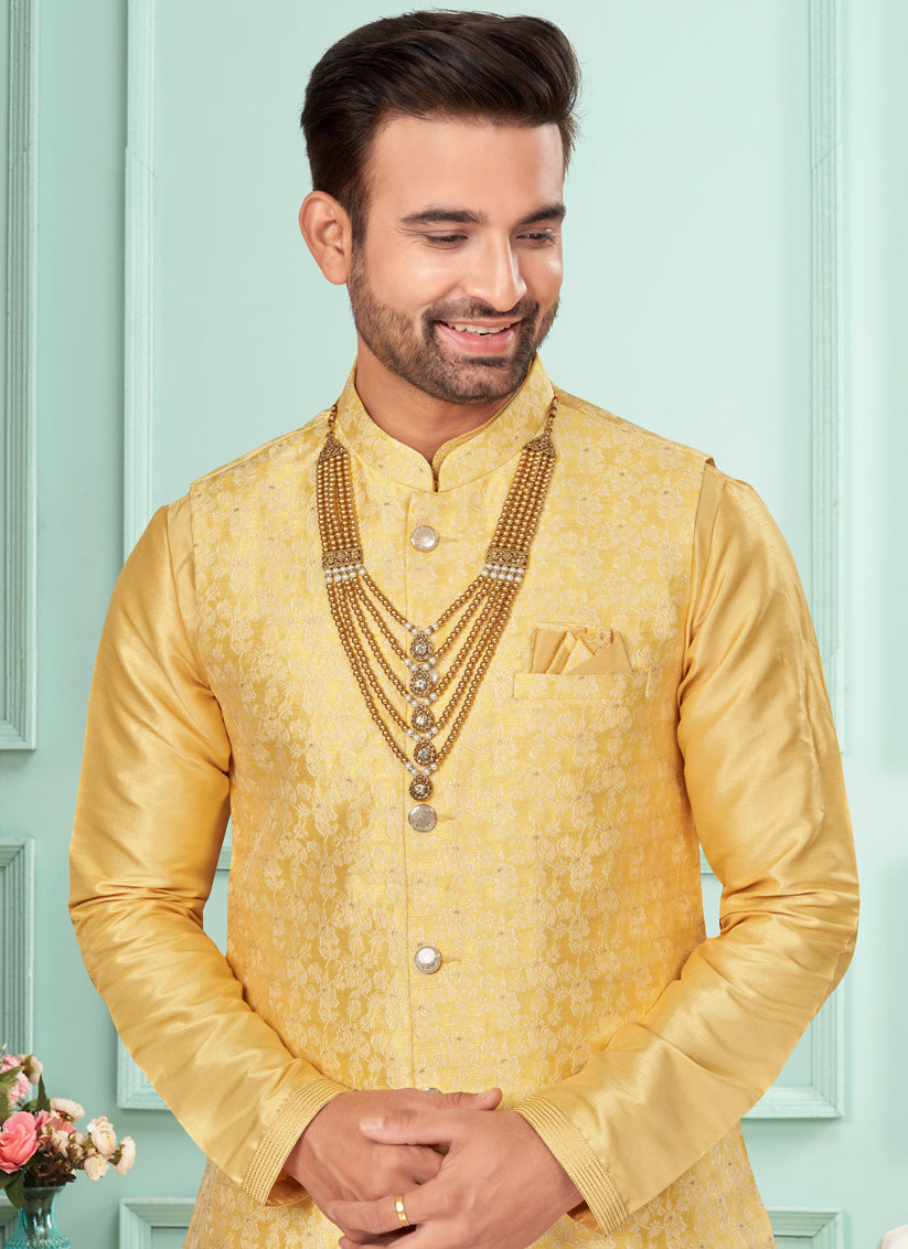 Yellow Mens Kurta Pajama Set With Jacket