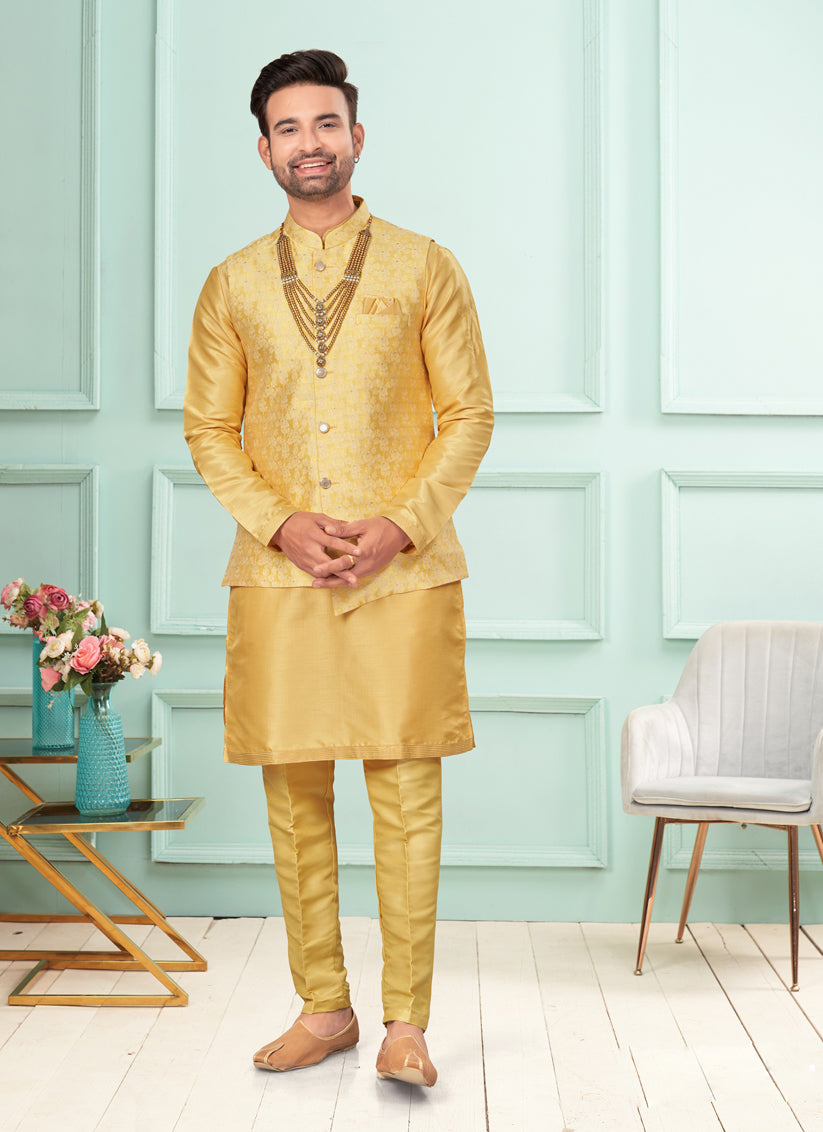 Yellow Mens Kurta Pajama Set With Jacket