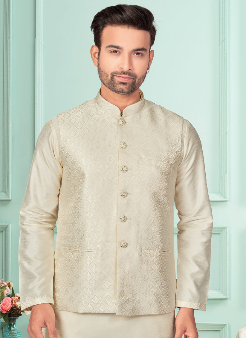 Cream Mens Kurta Pajama Set With Jacket