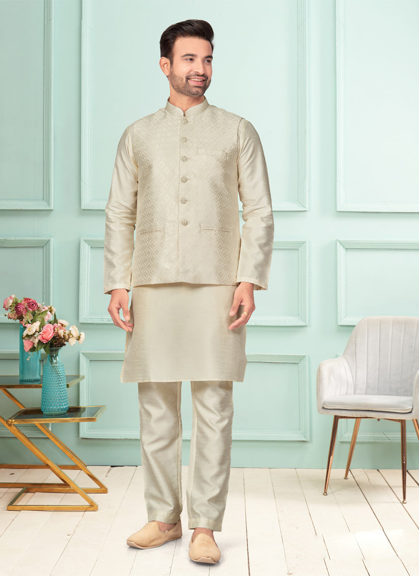 Cream Mens Kurta Pajama Set With Jacket