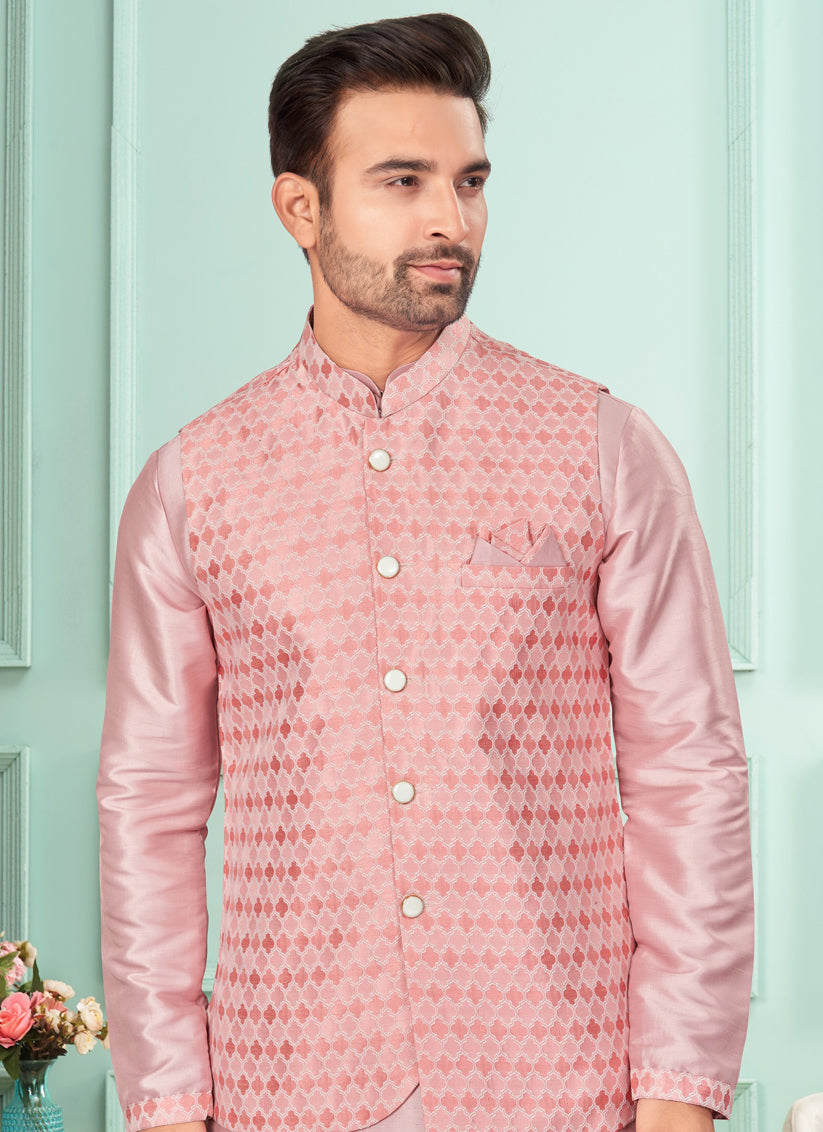 Pink Mens Kurta Pajama Set With Jacket