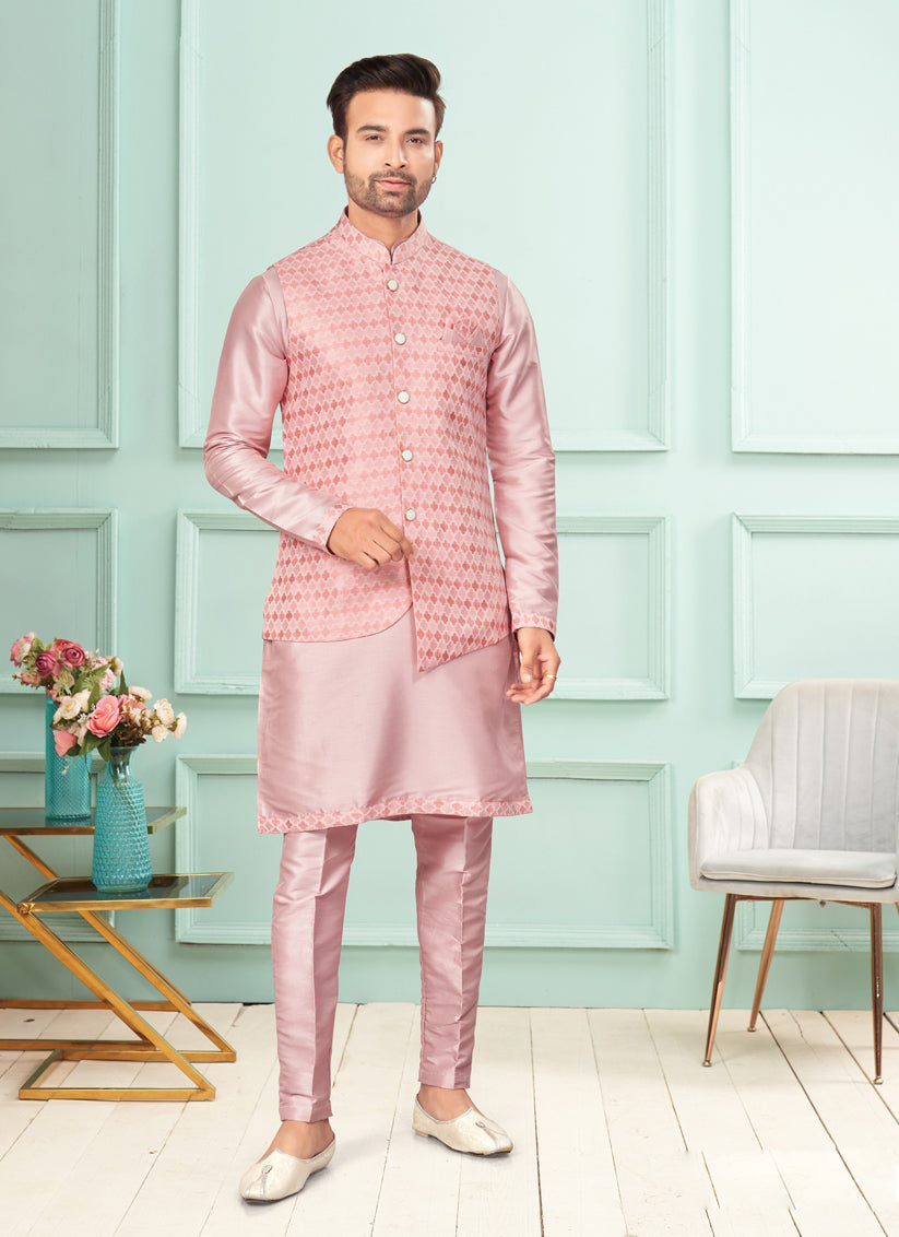 Pink Mens Kurta Pajama Set With Jacket