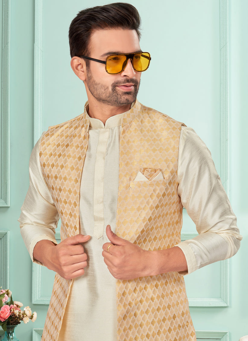 Cream Mens Kurta Pajama Set With Jacket