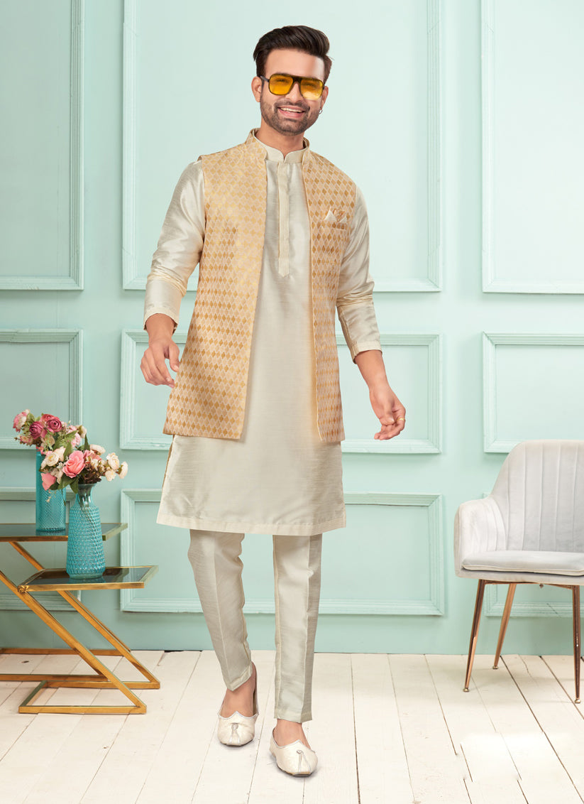 Cream Mens Kurta Pajama Set With Jacket