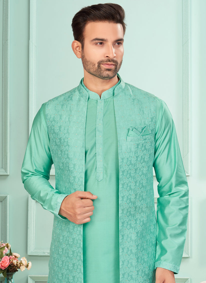 Sea Green Mens Kurta Pajama Set With Jacket