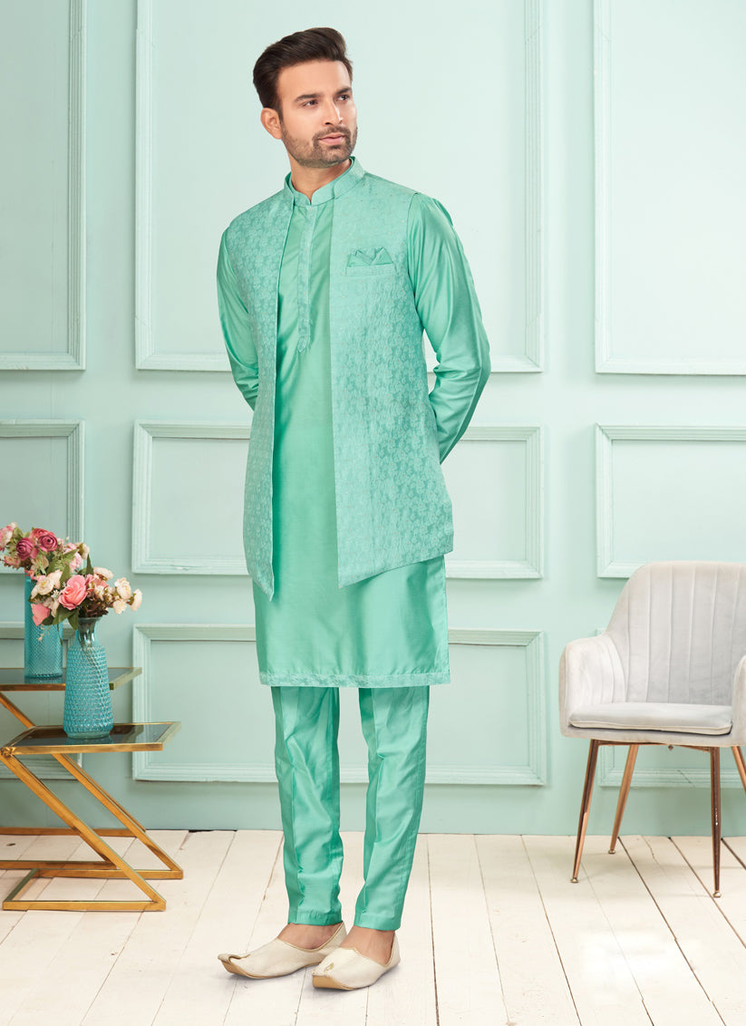 Sea Green Mens Kurta Pajama Set With Jacket