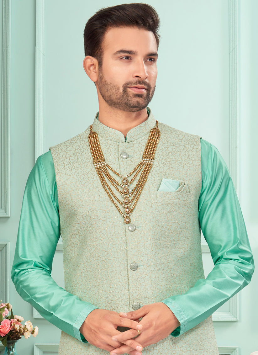 Sea Green Mens Kurta Pajama Set With Jacket