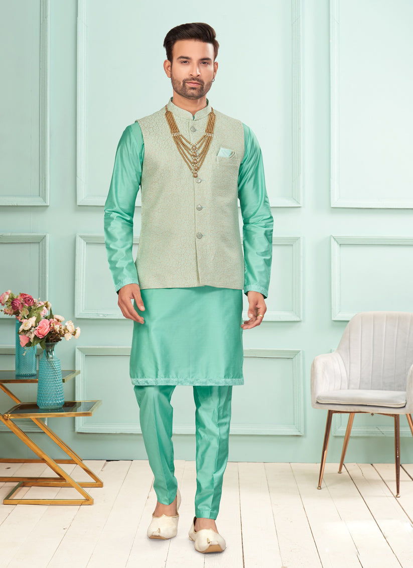 Sea Green Mens Kurta Pajama Set With Jacket