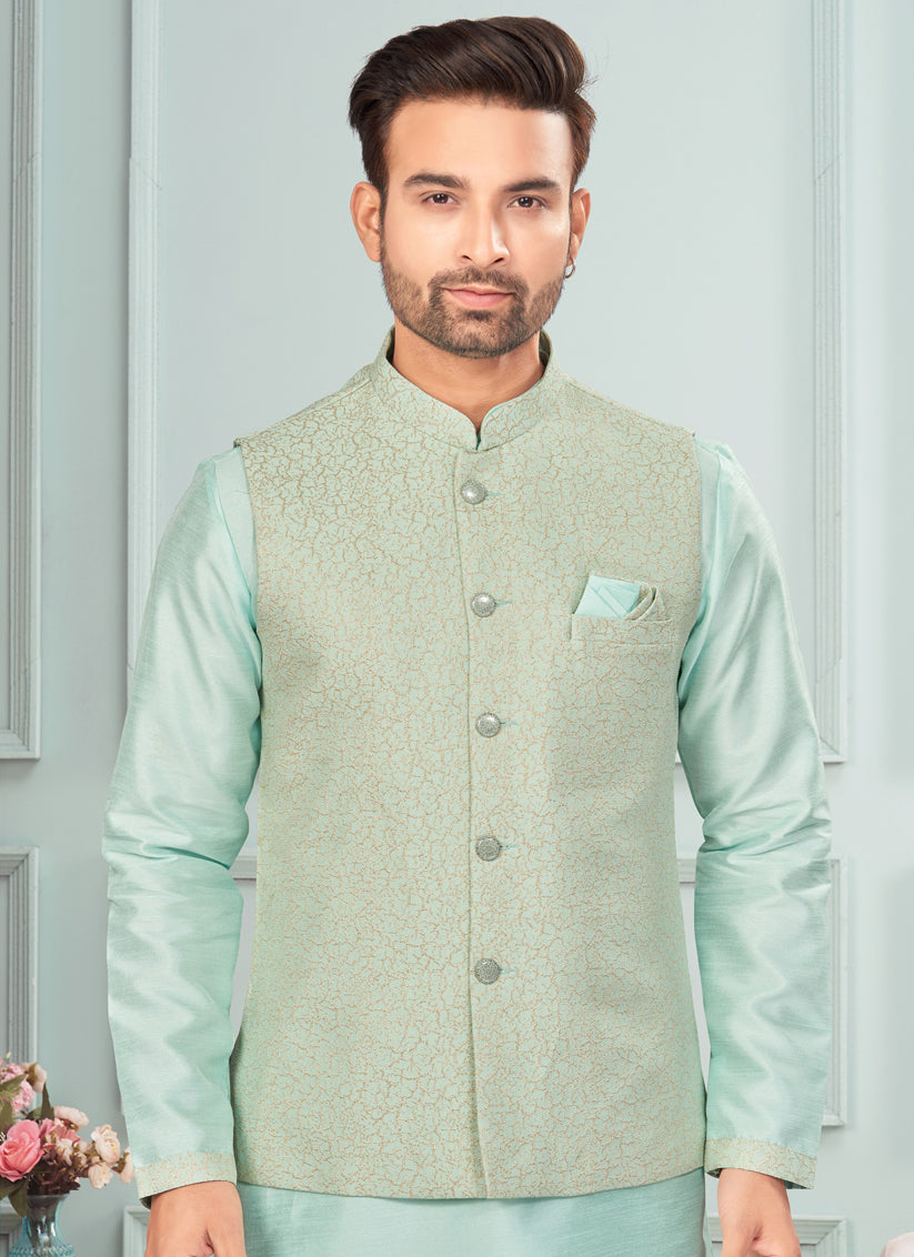 Sky Blue Mens Kurta Pajama Set With Jacket