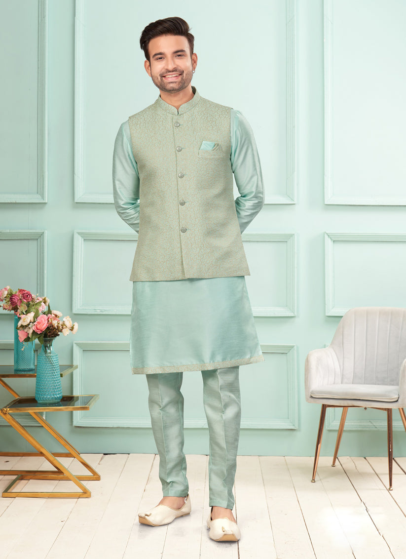 Sky Blue Mens Kurta Pajama Set With Jacket