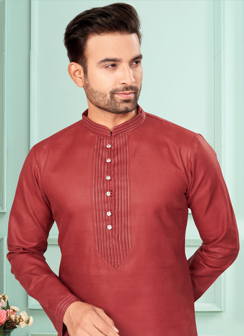 Maroon Cotton Mens Kurta Pajama Set