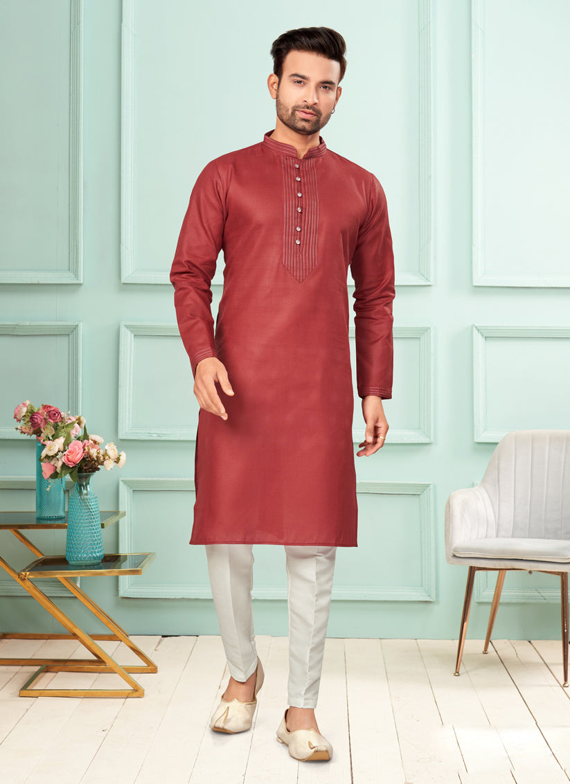 Maroon Cotton Mens Kurta Pajama Set