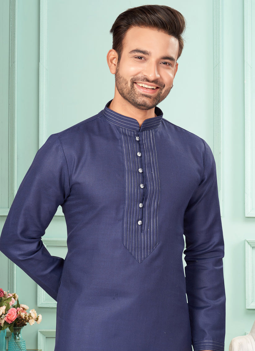 Navy Blue Cotton Mens Kurta Pajama Set