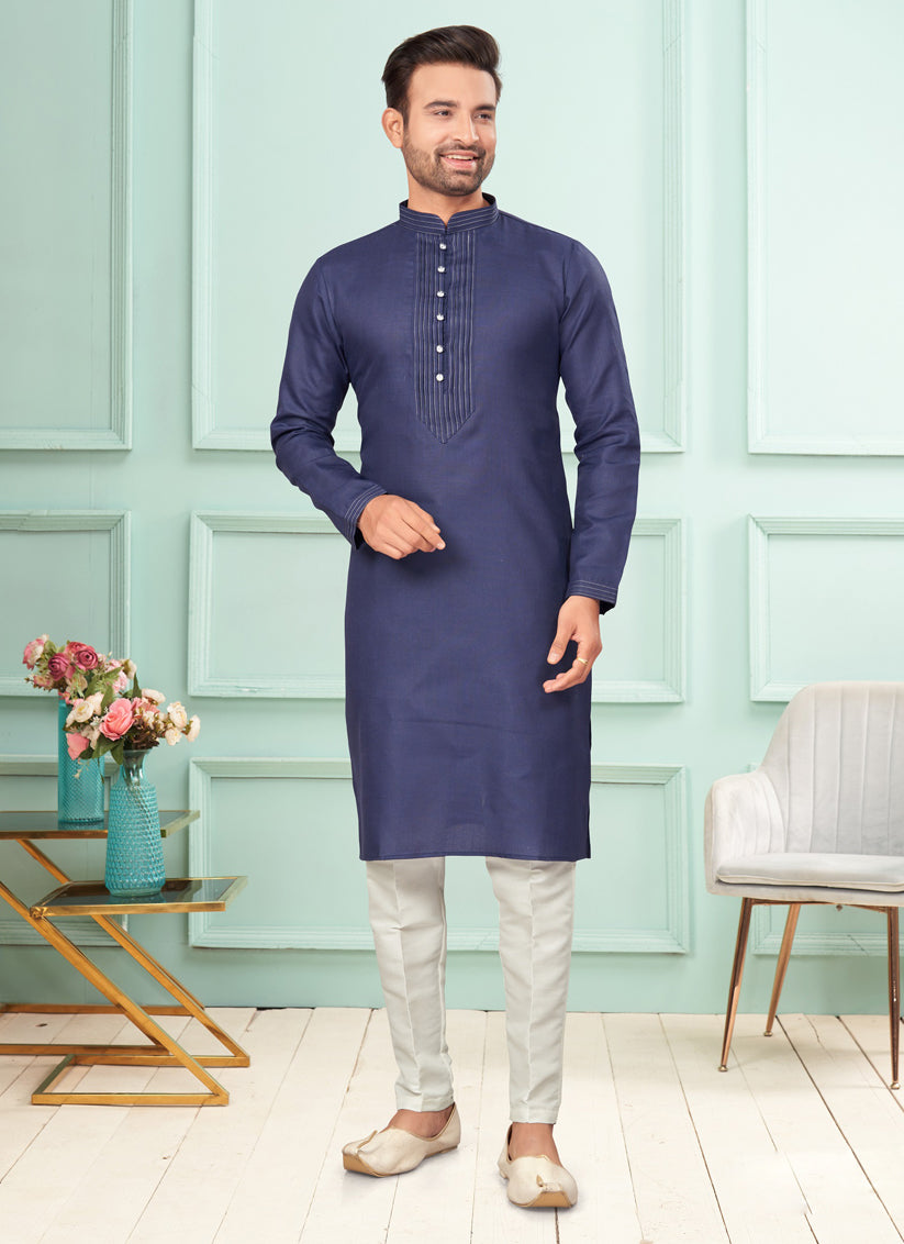 Navy Blue Cotton Mens Kurta Pajama Set