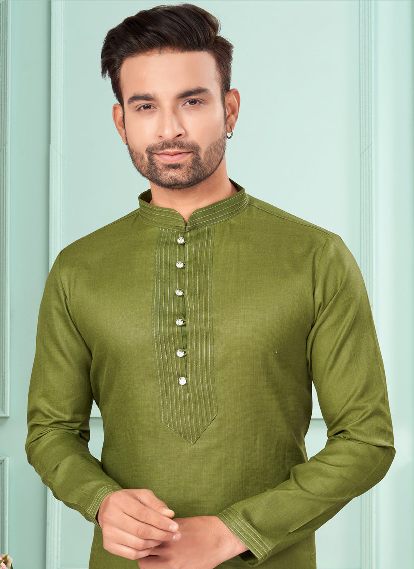 Mehndi Cotton Mens Kurta Pajama Set